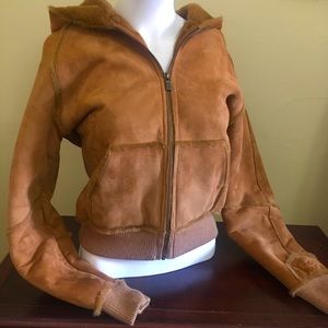 Brown Leather Bomber Jacket, UGG Coat with Hood